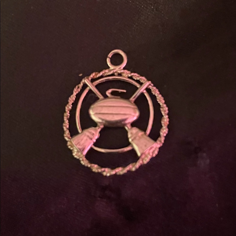70’s Vintage Curling Charm or Pendant w Crossed Old Fashioned Brooms In Rings